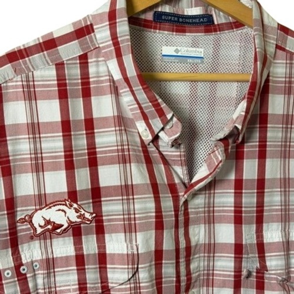 Columbia Arkansas Razorbacks Shirt Mens 2XL Red Plaid Super Bonehead PFG LS